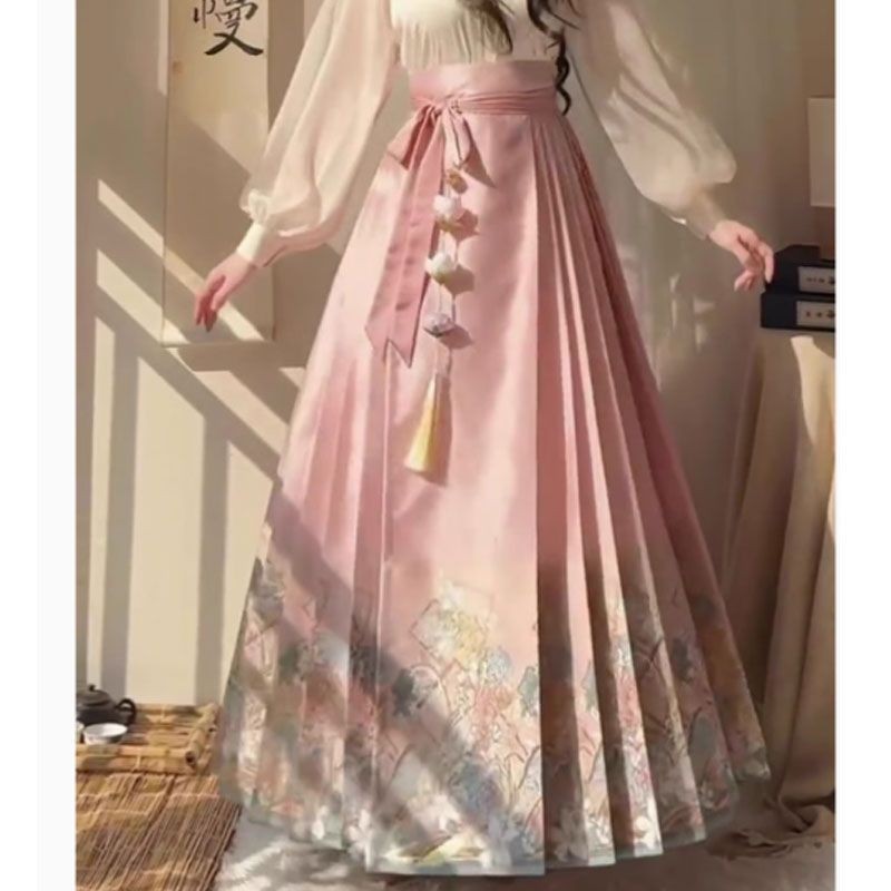 Rok Mamian Pink Gaya Cina Baru Wanita Berkualitas Tinggi Musim Panas  Set Dua Bagian Hanfu Elemen