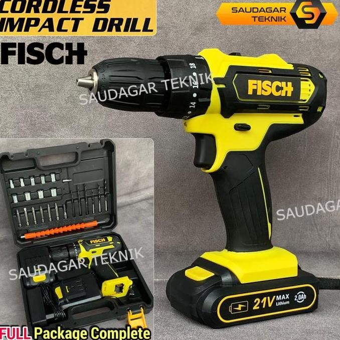 Cordless Impact Drill Fisch 21 V Mesin Bor Tembok Screwdriver Cordless Baterai Batre 21V Set Koper M