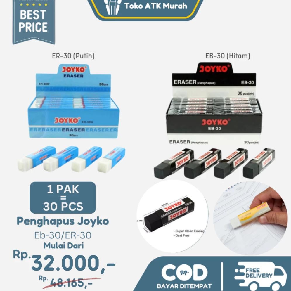 

1 PAK / 30 Pcs Eraser Penghapus Joyko EB-30 (Hitam) / ER-30 (Putih) Penghapus Hitam Putih Joyko DiM