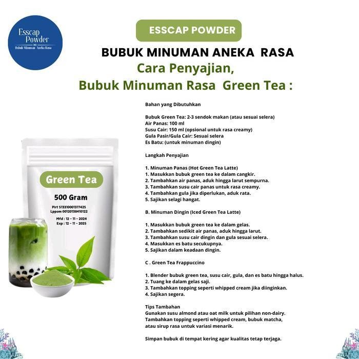 

Bubuk Minuman Rasa Greentea 500Gram - Rasa Teh Hijau Premium, Nikmat Untuk Minuman Panas & Dingin - Powder Drink - Serbuk Gula Instan Matcha
