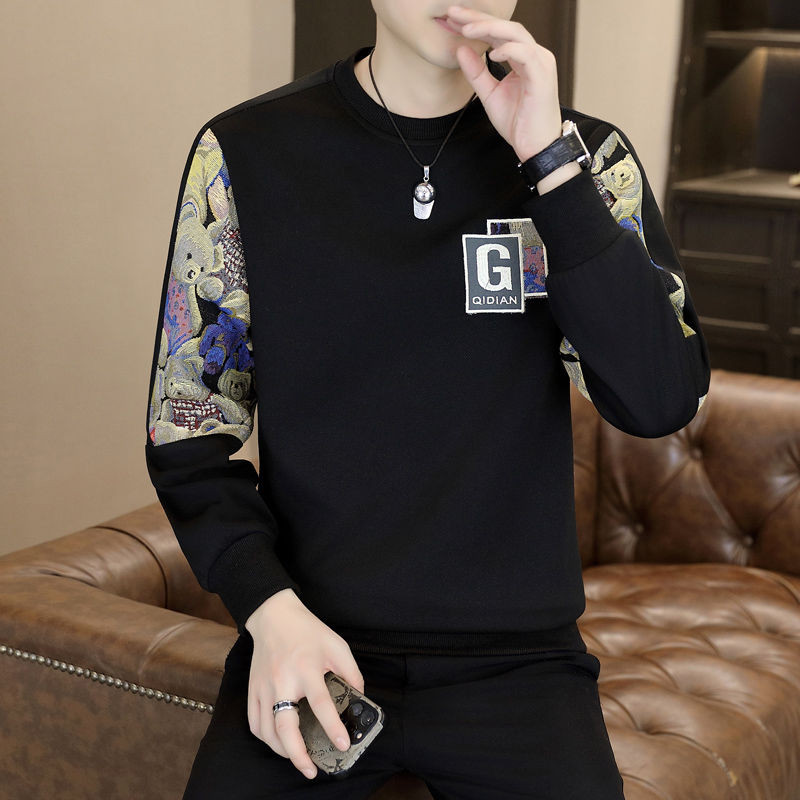 Sweatshirt Bordir Gaya Cina Baru untuk Pria, Leher Bulat, Pullover Tanpa Tudung, Kaos Dasar, Lengan 