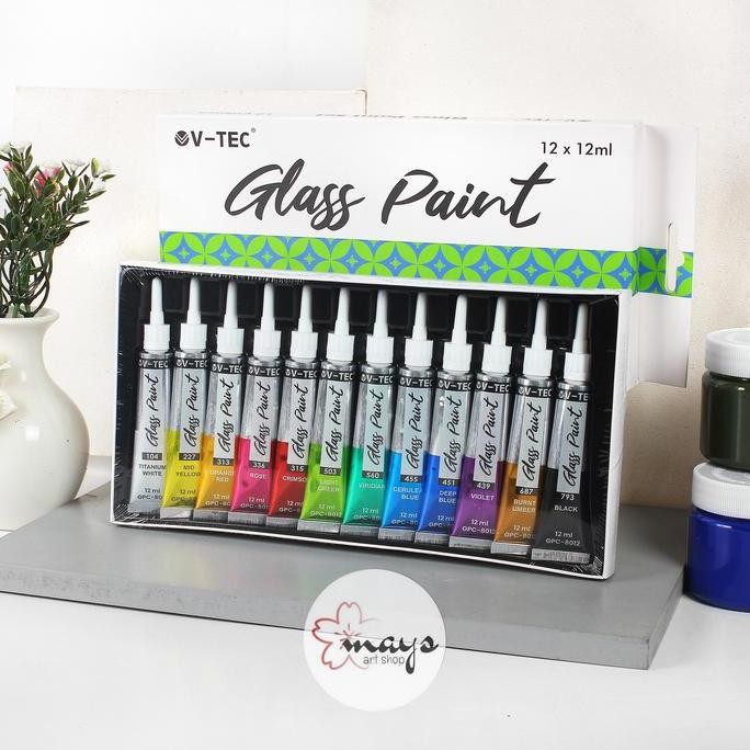 

V-Tec Glass Paint Set 12 Colors - Cat Lukis Kaca Set 12 Ml X 12 Warna