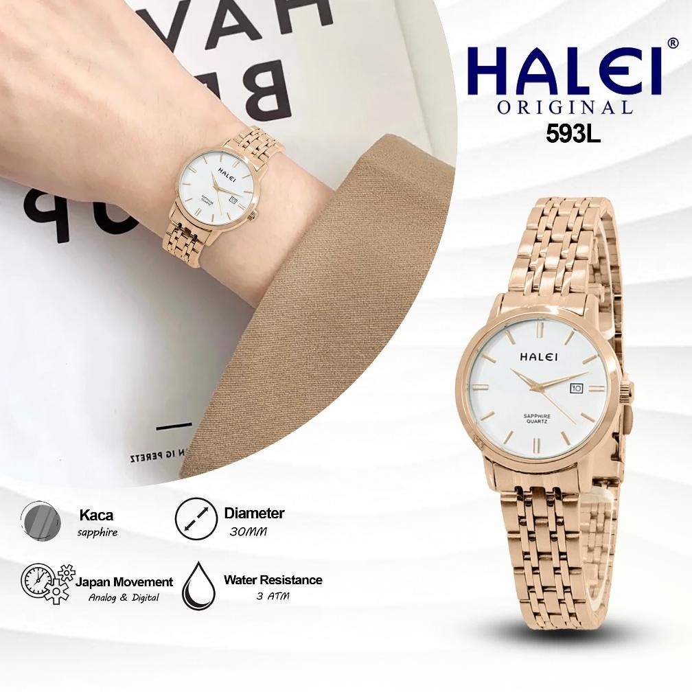 Halei Watch 593 L Jam Tangan Wanita Halei Kecil Elegan Anti Air Rantai Stainless Back Tanggal Analog
