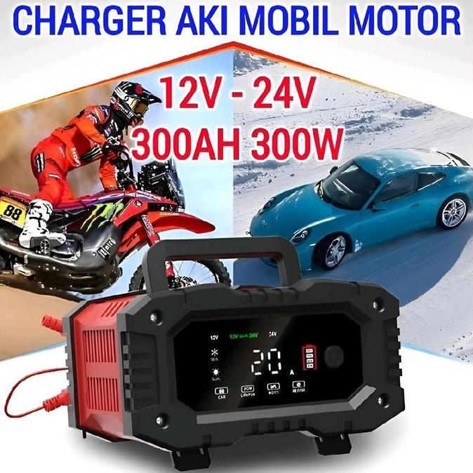 Charger Aki Mobil Motor Otomatis 12V 24V 300Ah 300W Foxsur Fpt-200 Lcd