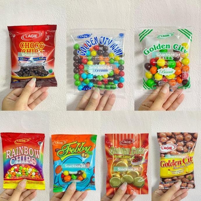 

L'AGIE CHOCO CHIPS / GOLDEN CITY MINI BISCUIT CHOCOLATE CANDY / GOLDEN CITY BALLS BISKUIT / RAINBOW CHIPS / FEBBY PEANUT CHOCOLATE / GOLDEN COIN BITTERSWEET PLUS RAISIN / GOLDEN CITY SUSU BISKUIT - LAGIE