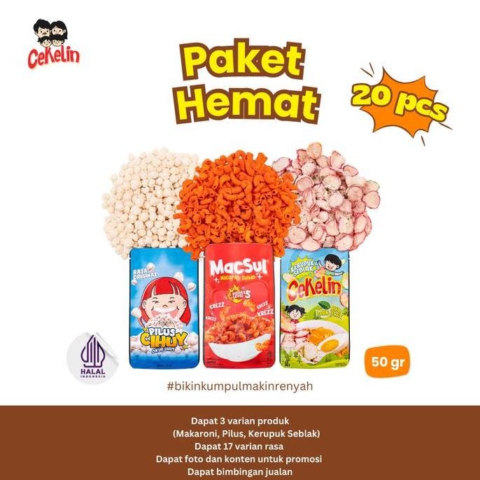 

CEKELIN Cemilan Paket Hemat 20pcs - Makaroni Pilus Cikur Kerupuk Seblak - Isi 3 Varian Produk Snack Makanan Cemilan Murah Gratis Ongkir