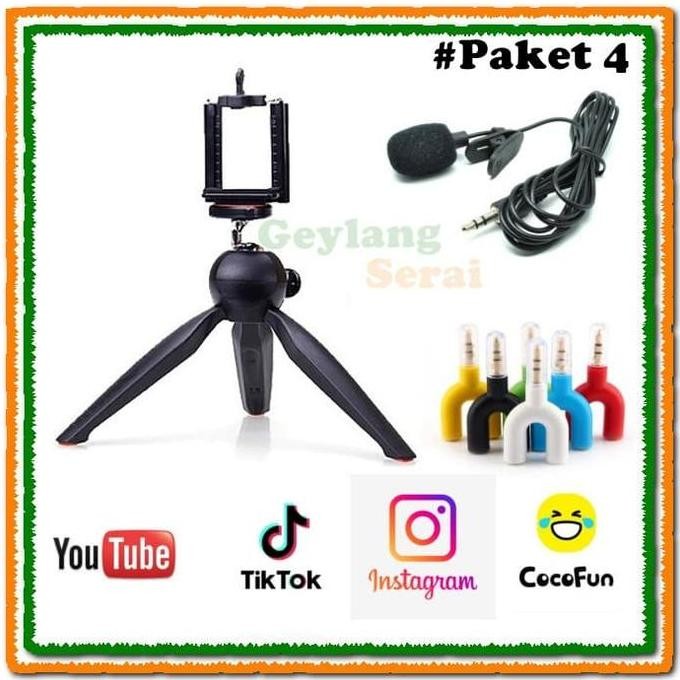 Paket Vlog Youtuber Kekinian Mic Clip On + Tripod + Audio Splitter