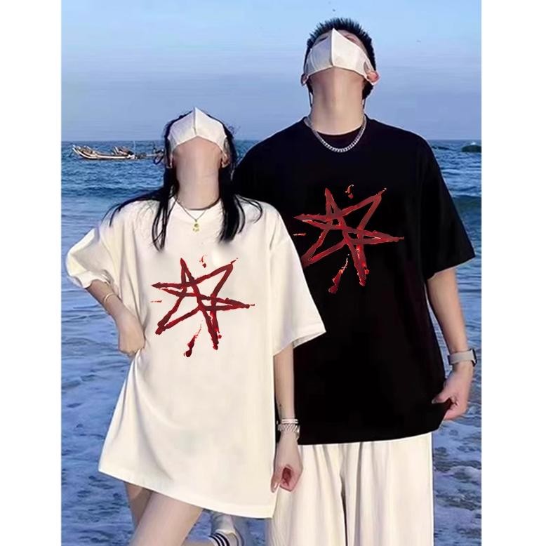 Mode Korea Bintang Merah Baju Kaos Pria T-Shirt Wanita T Shirt Pria Couple Pasangan Oversize Couple