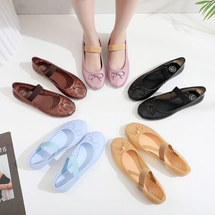 Meisha Karet Pita/Sandal Sepatu Flatshoes Wanita Bahan Jelly Karet Lentur/Sepatu Kantoran/Sepatu Ker