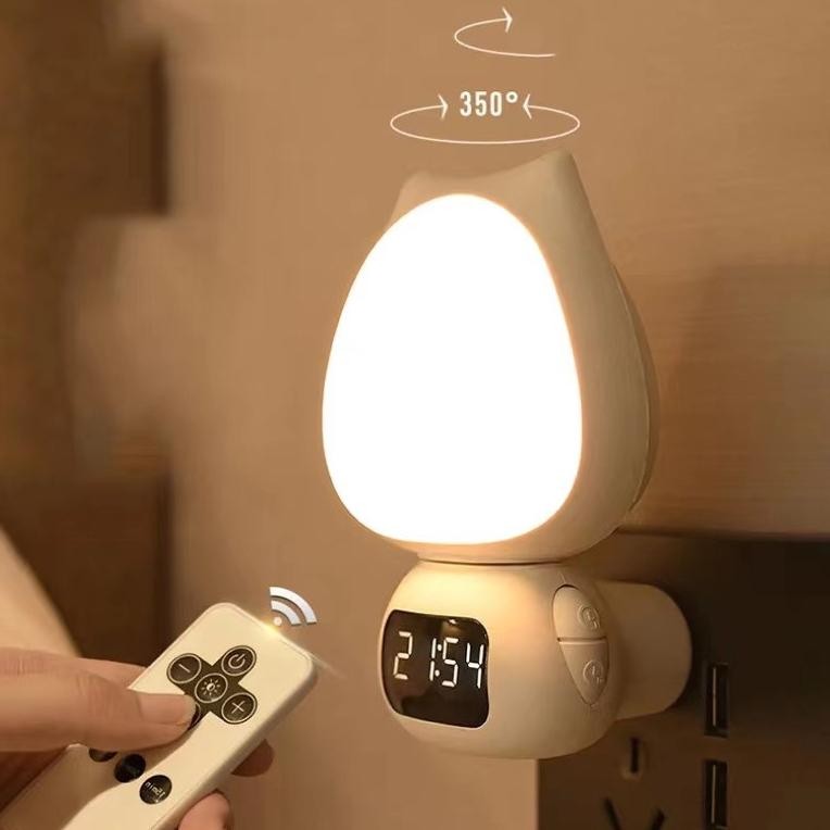 Lampu Tidur Model Kucing LED Wireless Lampu Tidur Jam Remote Digital Rechargeable