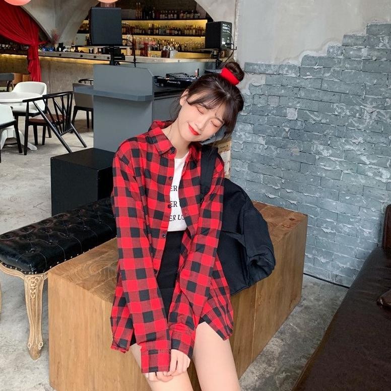 Or42 Kemeja Wanita Kotak Merah Putih Lengan Panjang Casual Basic Import Polos 17 Agustusan Kemerdeka