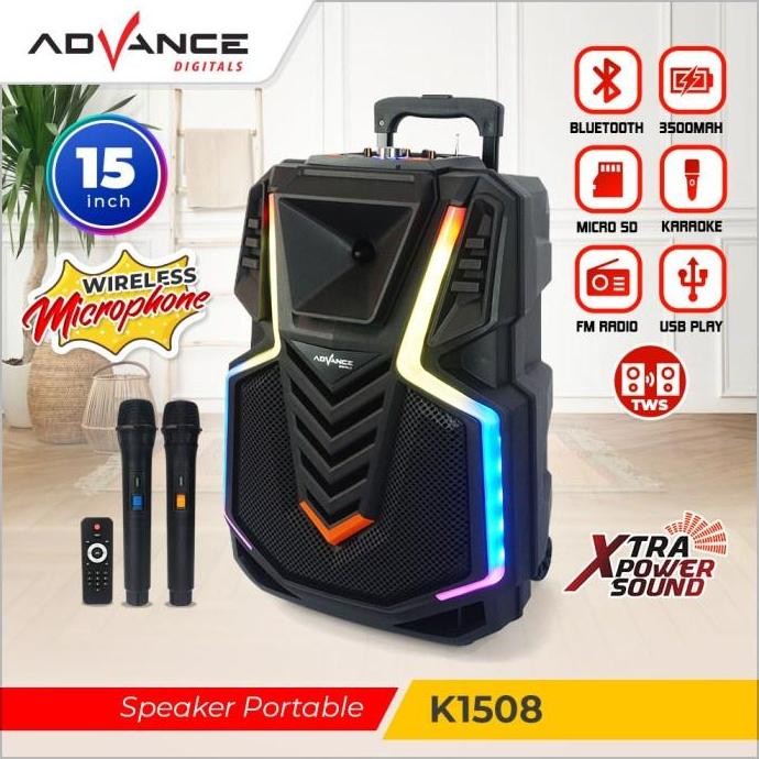 BARU ADVANCE K1508 SPEAKER BLUETOOTH KARAOKE + 2 MIC WIRELESS BASS LED SALON