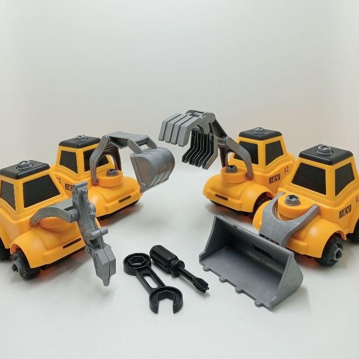 DIY kontruksi bongkar pasang isi 4 excavator capit kayu buldozer drill puzzle mainan edukasi BP8091 
