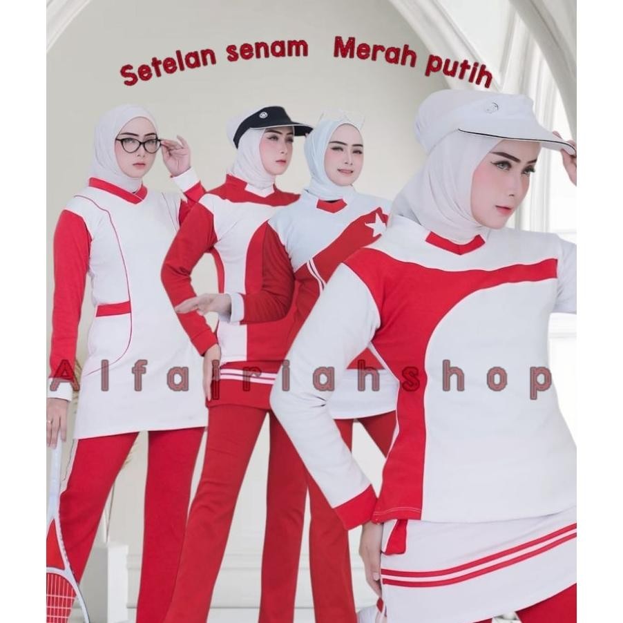 Setelan Olahraga Senam Merah Putih Baju Senam Aerobik Hijab