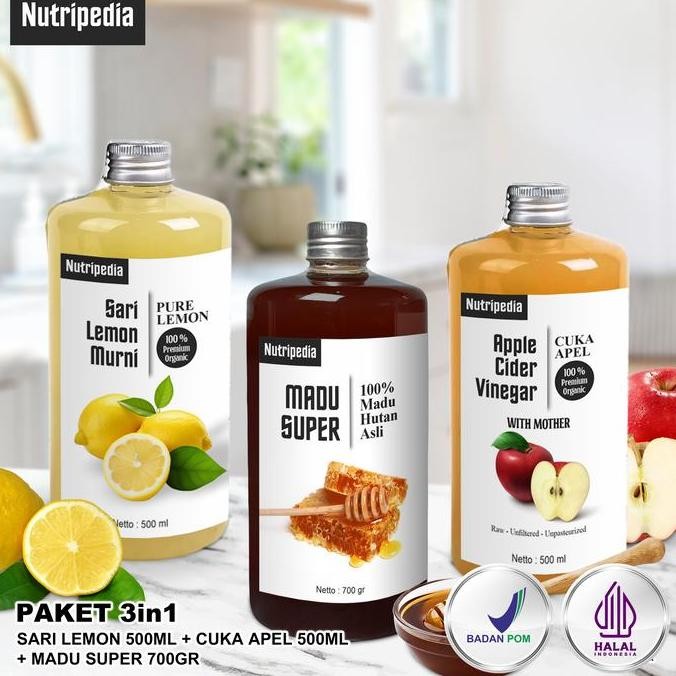 

TERMURAH NUTRIPEDIA PAKET 3IN1 MADU 700GR + CUKA APEL 500ML + SARI LEMON 500ML - DETOX ALAMI
