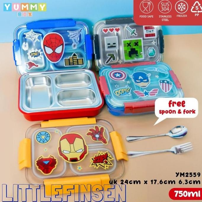 Lunch Box Stainless Sekat Tiga Anti Tumpah/Lunch Box Anak Minecraft Spiderman Marvel/Lunch Box Anak 