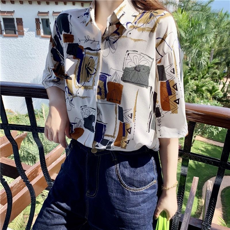 Kemeja Lengan Pendek Cetak Jepang Gaya Korea Tipis Musim Panas untuk Wanita