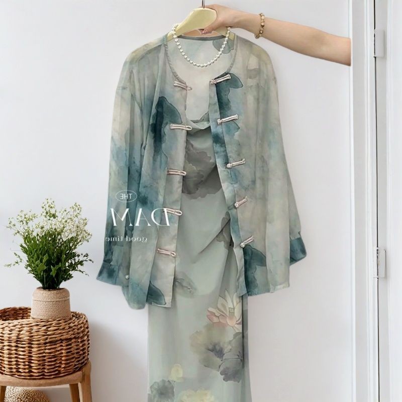 New Chinese Style Ink Painting Loose Cheongsam Dress Set for Women