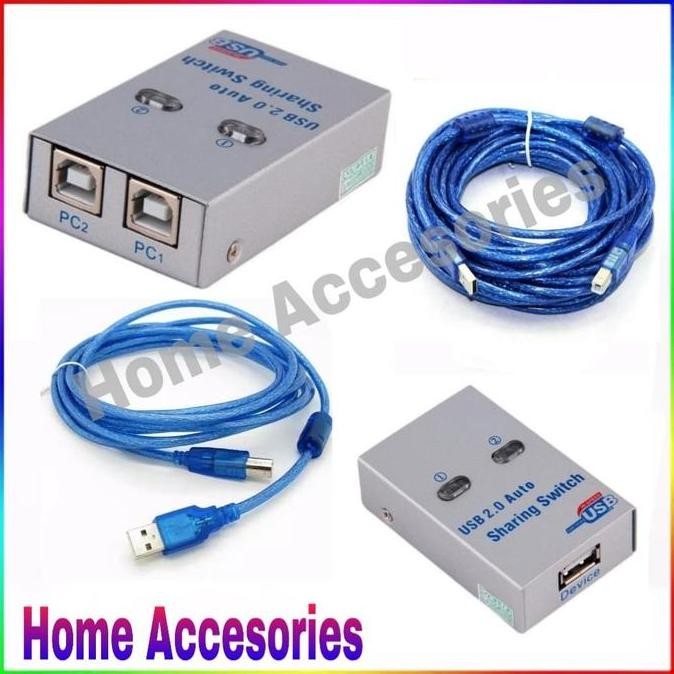 ASLI PAKET AUTO USB SWITCH PRINTER 1 PC KE 2 PRINTER + KABEL SHARING SWITCHER 1-2