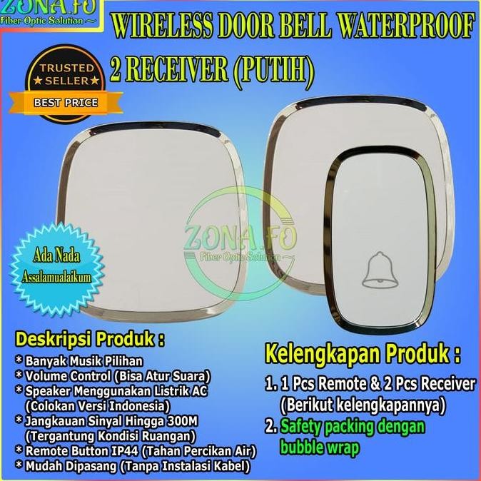 Bell Rumah Wireless Door Bell Waterproof Pintu Bell 2 Receiver Putih
