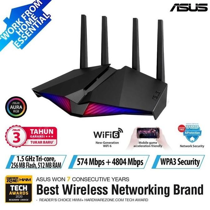 Asus Rt-Ax82U Ax82 Wifi 6 Dual Band Wi-Fi Ax5400 Gaming Router New Stok