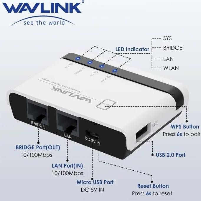 TERMURAH - WAVLINK WL-NU516U1 WIRELES USB PRINT SERVER WIFI 2.4G 10/100Mbps