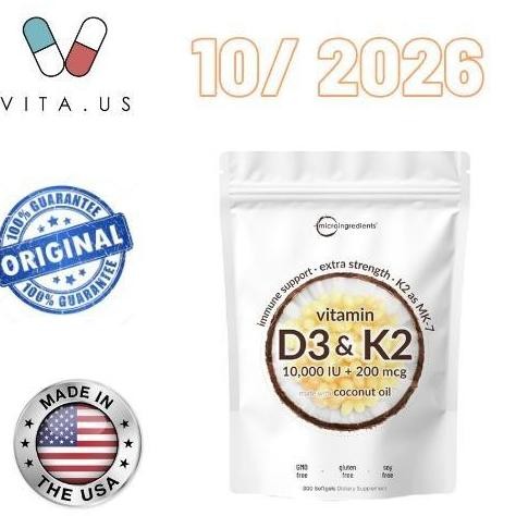 NEW MicroIngredients Vitamin D3 250mcg 10000IU + K2 200mcg isi 300 softgels