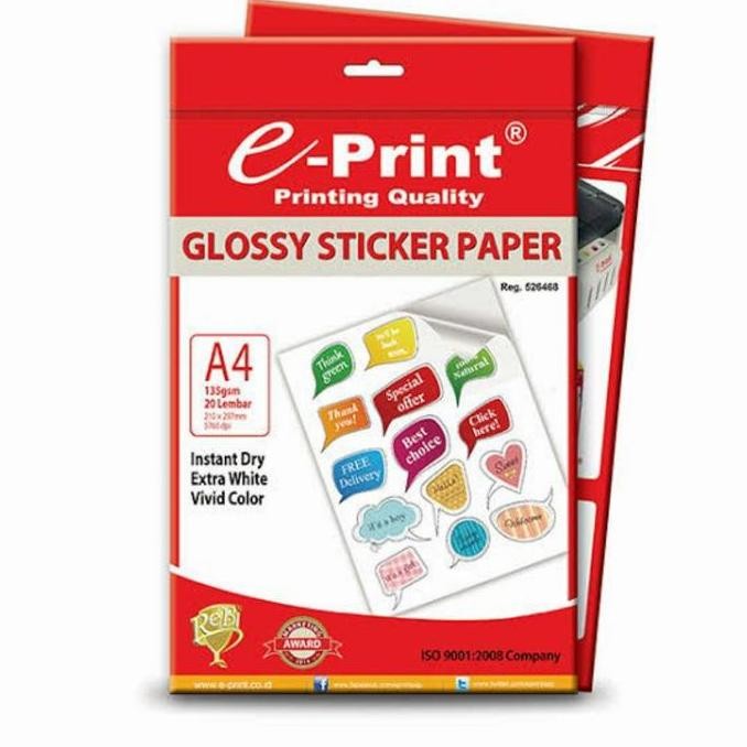 

new !!! kertas stiker eprint A4 glossy 135gsm isi 20 lmbr