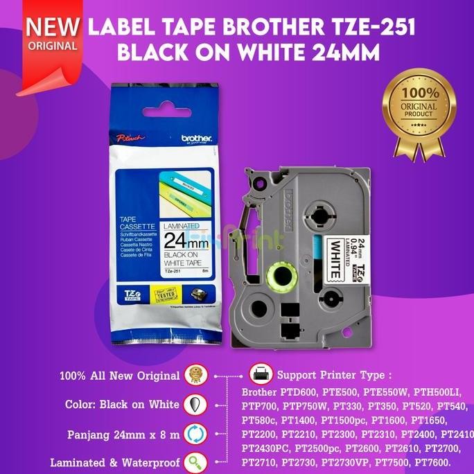 

Label Tape Casette Original Tze-251 Tze 251 Tze251 24Mm Black On White New Stok