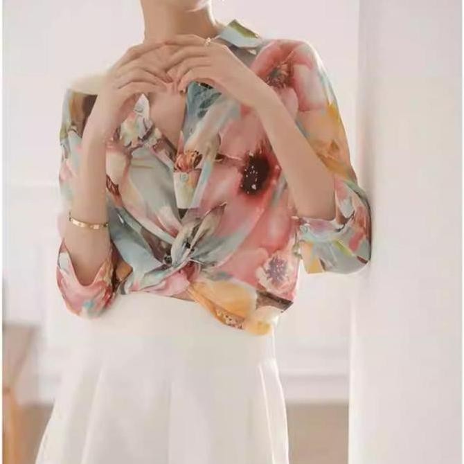 Maleeka outer Import kemeja motif bunga premium chiffon jumbo beach