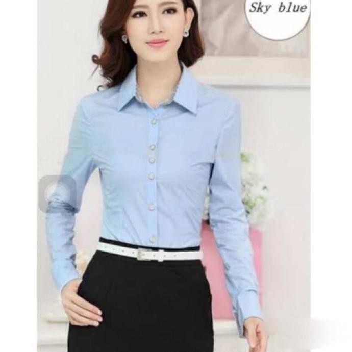 ATASAN KEMEJA WANITA SKY BLUE BIRU MUDA KATUN STRETCH BIRU LANGIT (telor asin) LENGAN PANJANG Baju k