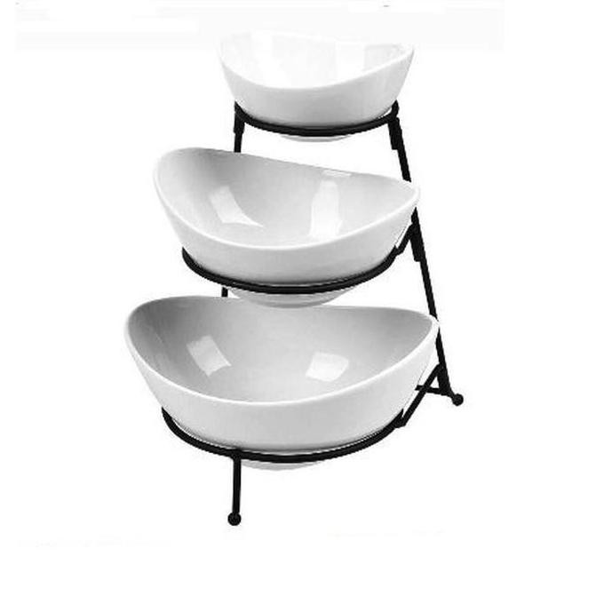 TERMURAH - HOMELINE MANGKOK OVAL SET SUSUN 3 KERAMIK PUTIH + RAK GBC-34