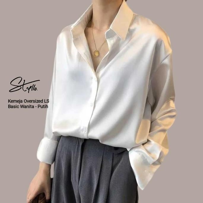 Kemeja Oversized Wanita Satin Lengan Panjang Basic Korea - Putih