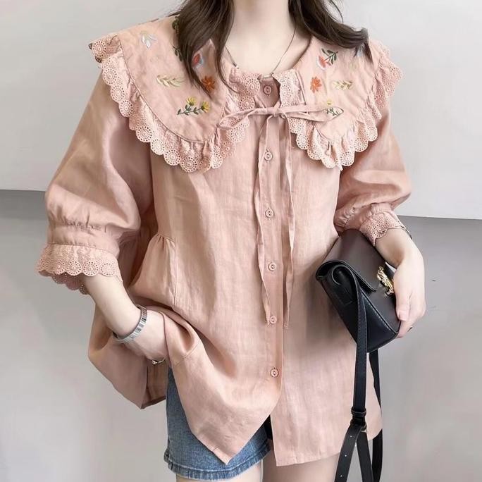 BLUS LINEN PREMIUM PINK PUTIH OVERSIZED KERAH LEBAR COLLAR BORDIR BUNGA RENDA KOREA IMPORT