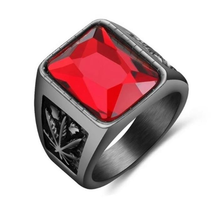 Termurah - Cincin Pria Titanium Hitam Kotak Batu Merah Hitam Ruby Black Onyx C60