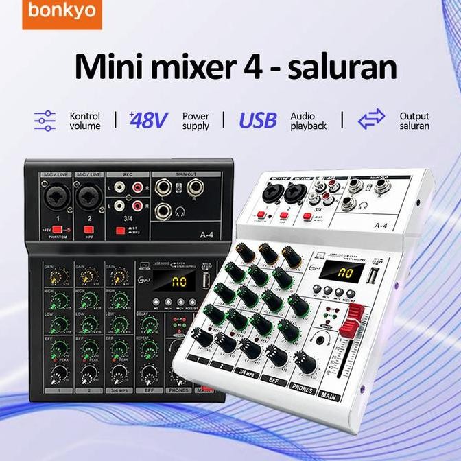 mixer mini pm4 bluetooth usb 4 channel audio system sound card dsp portable berkualitas