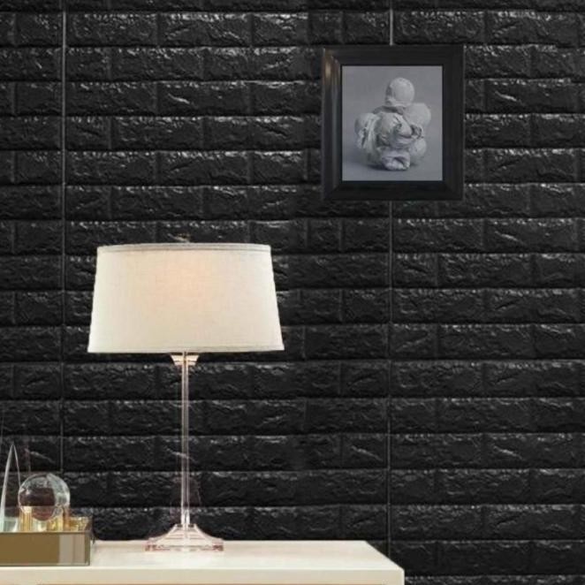 wallpaper foam 3d peredam panas dan suara motif bata hitam
