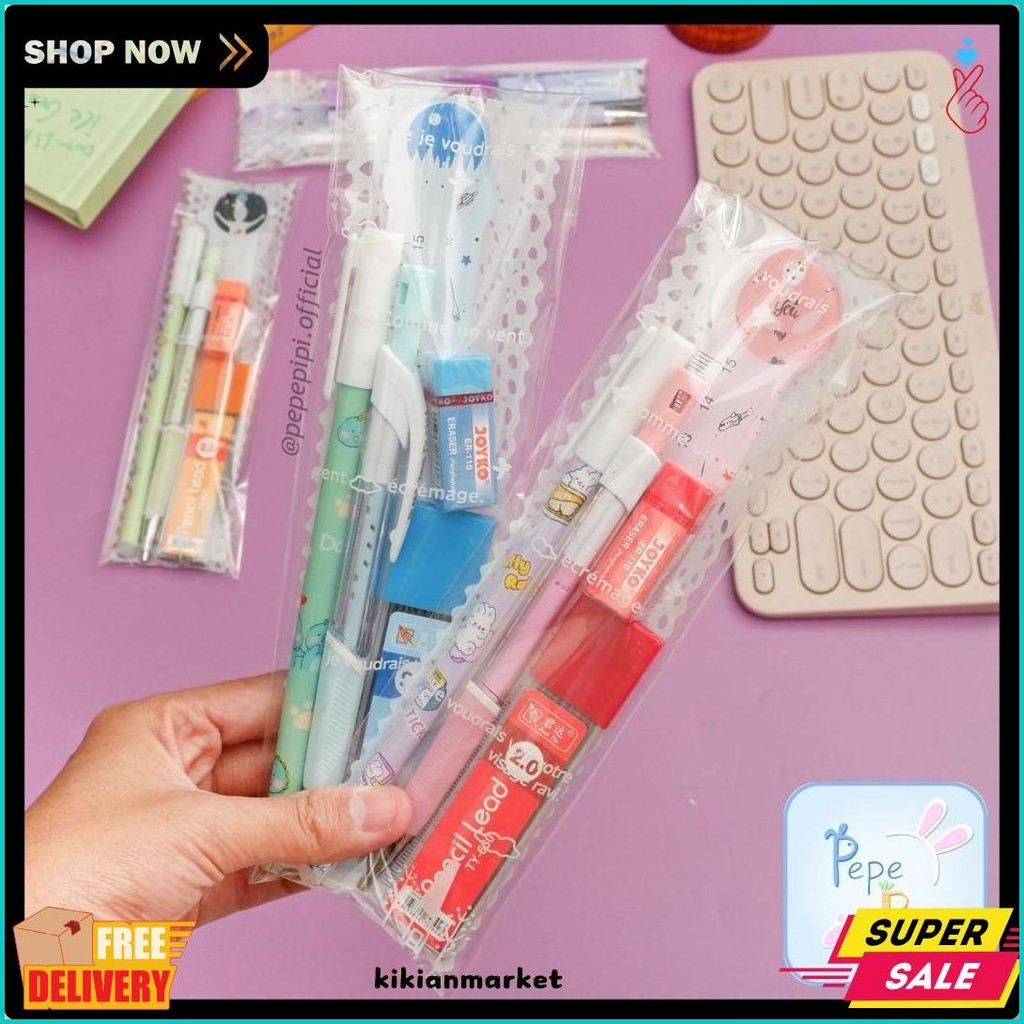 

Set Alat Tulis Mini Versi 2 Paket Alat Tulis Murah Pulpen Pensil Penghapus Penggaris Diskon Setengah Harga