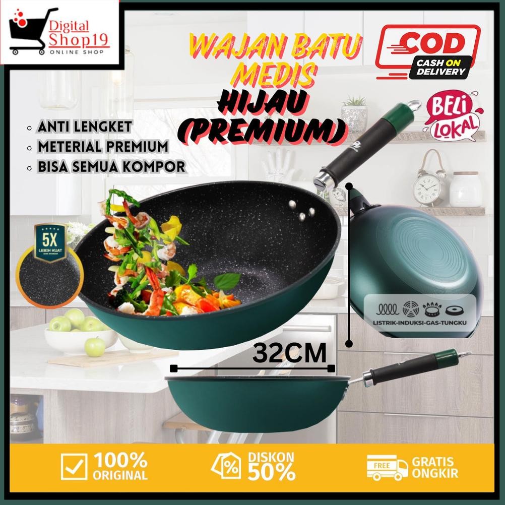Okk-1520 Ds.Id Cod Wajan Batu Medis Bulat Warna Hijau 32Cm / Wajan Anti Lengket Hijau / Wajan Murah 