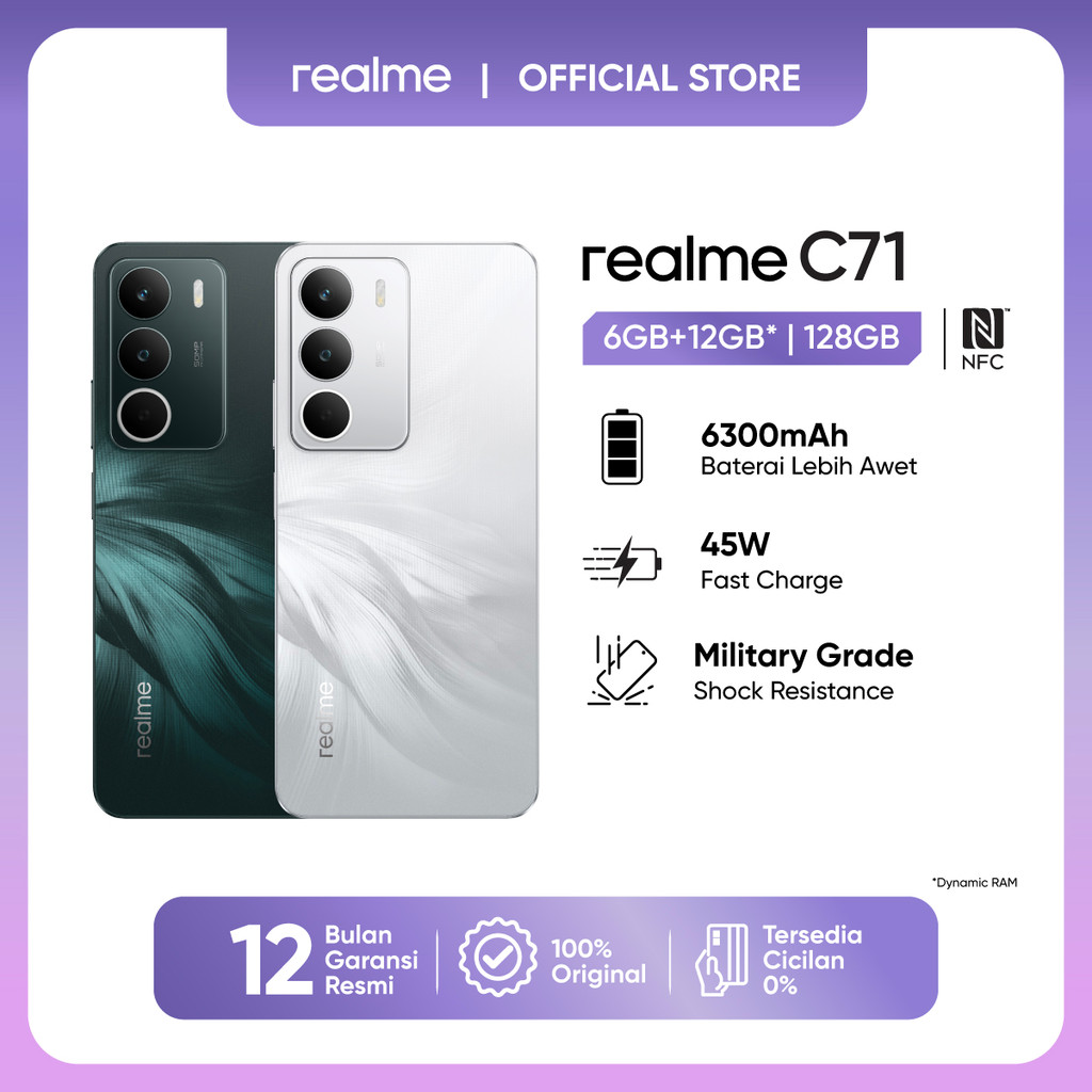 realme C71 6GB+12GB* |128GB (6300 Baterai | 45W Fast Charge | Military Grade Shock Resistance | NFC)