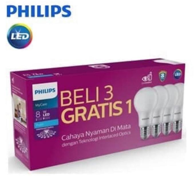 lampu bulb pijar bohlam led paket philips 8w 8 watt isi 4