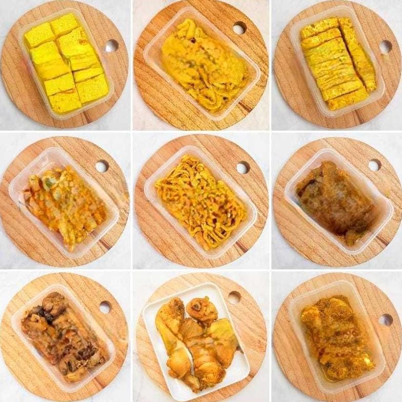 

aneka lauk ungkep siap masak / ayam ungkep bumbu kuning / tempe ungkep bumbu kuning / tempe bacem / tahu ungkep bumbu kuning / tahu bacem / usus ungkep bumbu kuning / ceker ungkep / ati ampela ungkep / kulit ayam ungkep Nugi