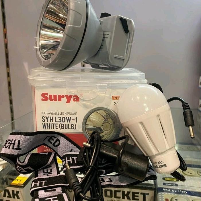 Senter Kepala Cas Surya 30 Watt+ Bonus Lampu Bulb 3 Watt Cahaya Putih Terang Cas Terbaru Best Qualit