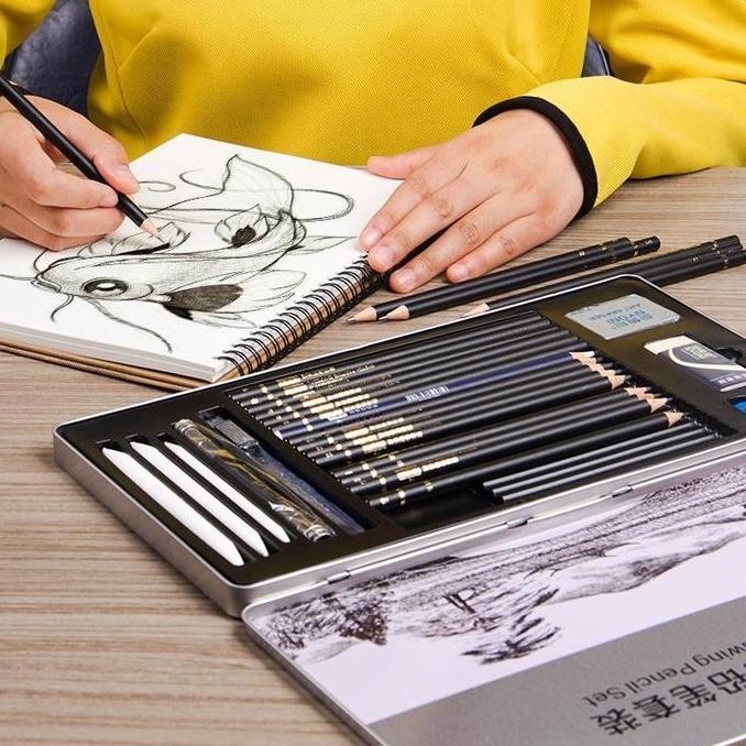 

Nyoni Sketch Drawing Pensil Case Box Set 29 Pcs/NYONI Sketch drawing pencil / pensil it charcoal arang 29 pcs set tin case Cutter Foto