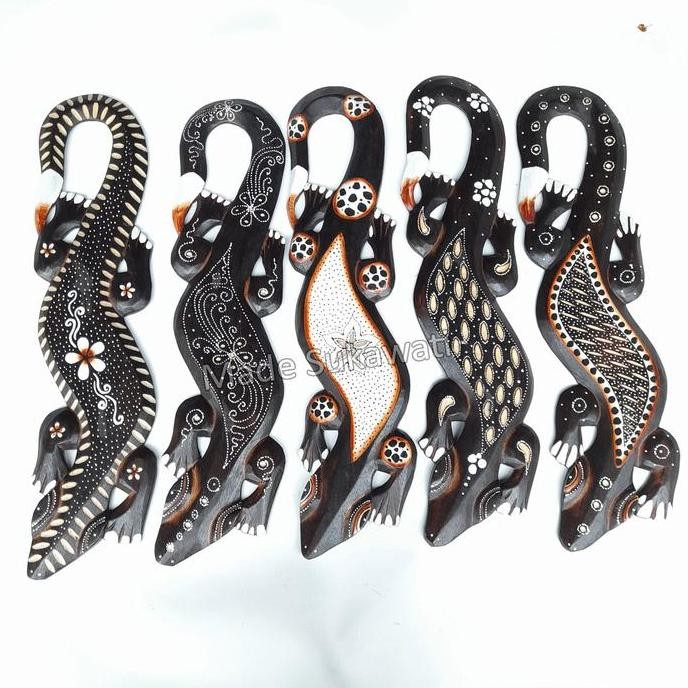+++++] Kerajinan kayu hiasan dinding cicak tokek Gecko bali lukis tutul aborigin