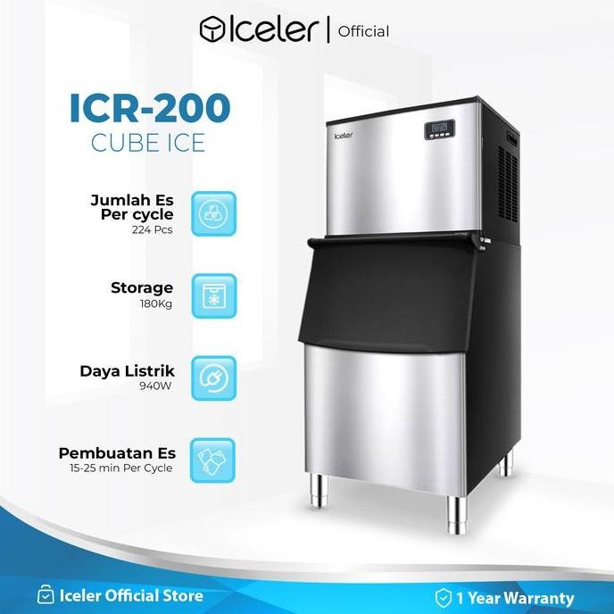 Iceler Mesin Es Batu Commercial Ice Maker Icr-200 200Kg/24Jam Ice Cube Machine 224Pcs/Cycle Garansi 