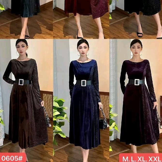 Berbagai model Gaun Velvet Bludru Elegan Gaun Midi Pesta Ramping Lengan Panjang Wanita Kualitas Ting
