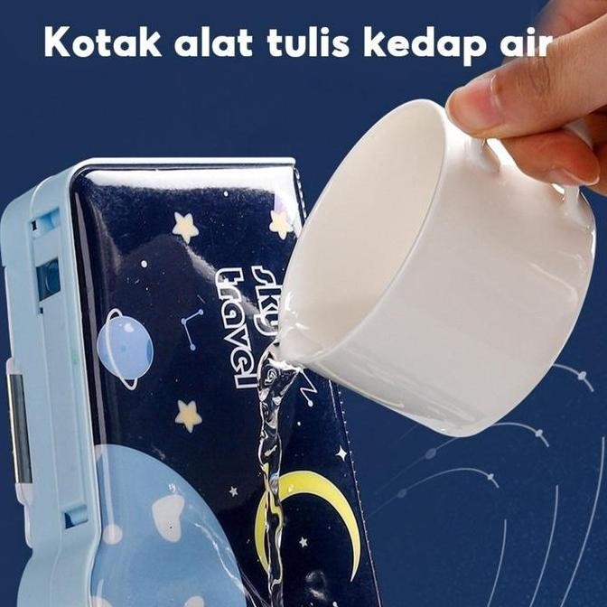 

original tempat pensil kartun unicorn astronot dinosaurus dua lapisan + rautan
