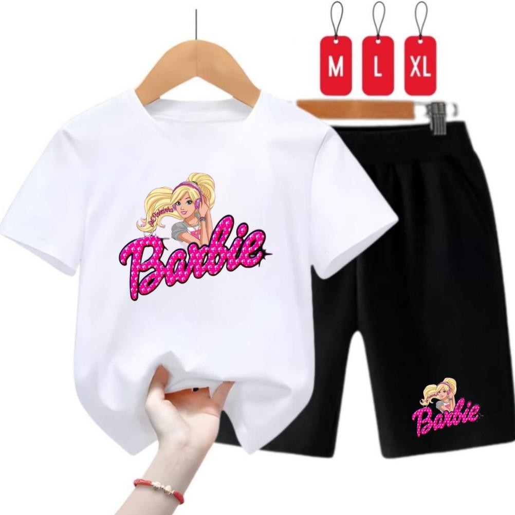Model Baru Setelan Kaos Anak Perempuan Barbie Headphone M,L,XL 