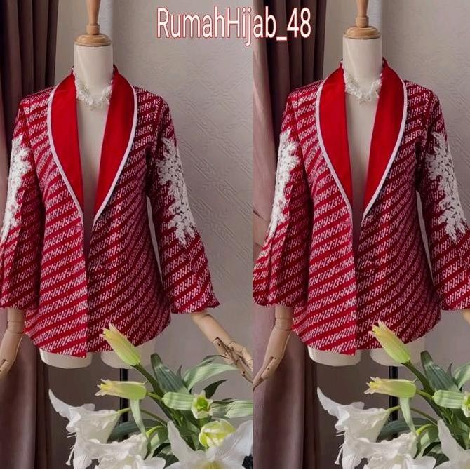 Blazer Batik Merah Putih -  Baju Kerja Wanita - Baju Batik Wanita
